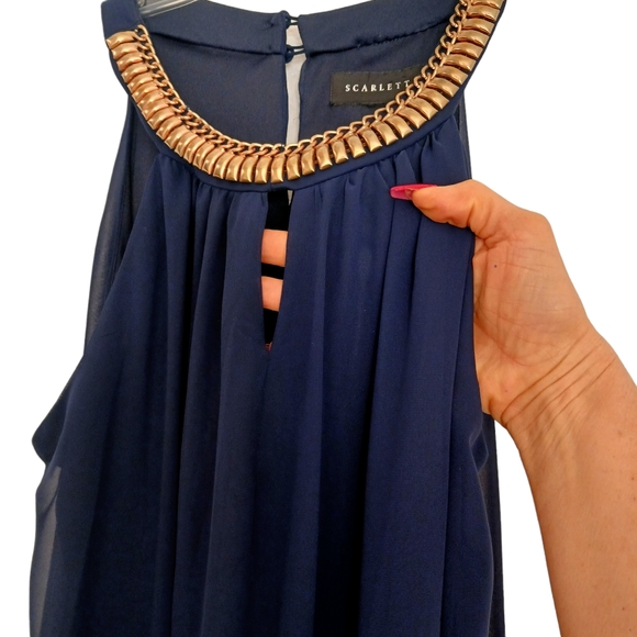 SCARLETT Cocktail Dress Sz 16 NAVY BLUE  GOLD CHAIN Neckline Sleeveless Keyhole - Picture 11 of 16